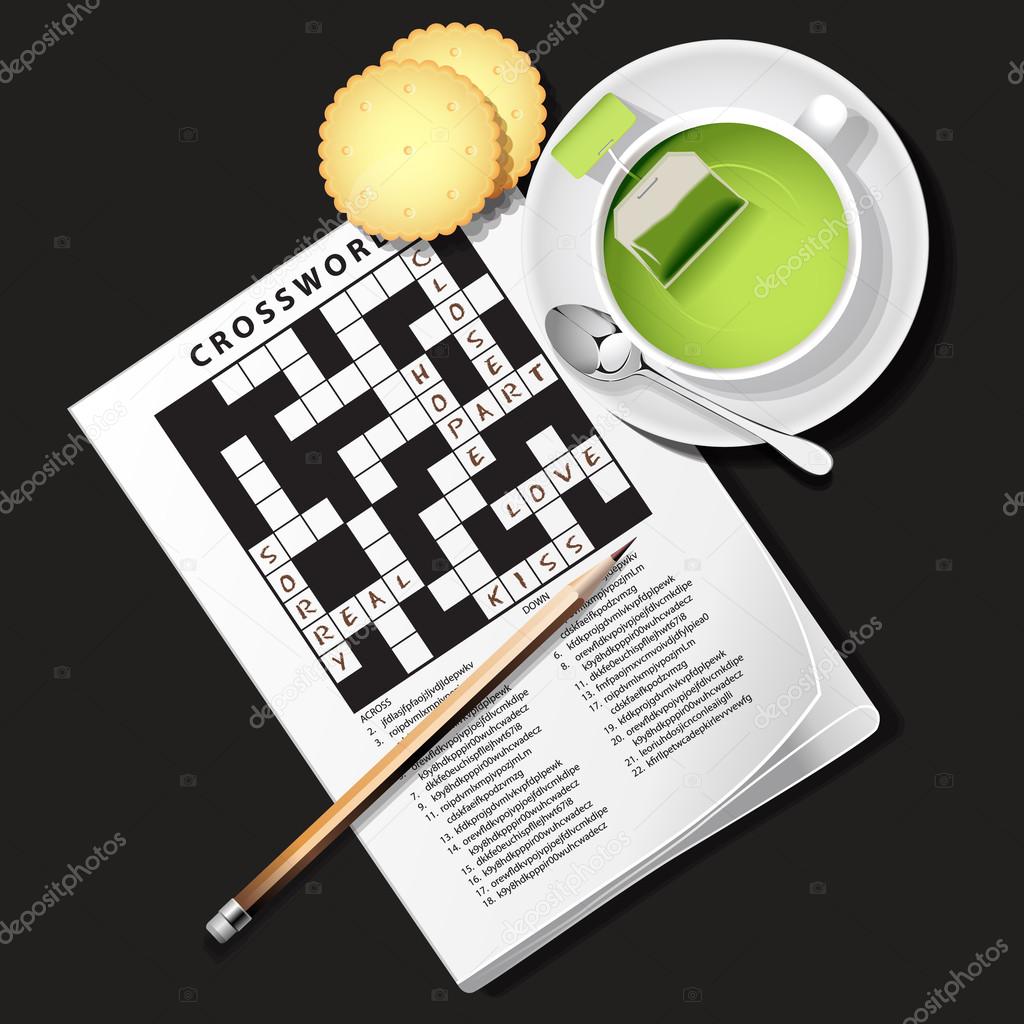 illustration of crossword game with cup of green tea and cracker