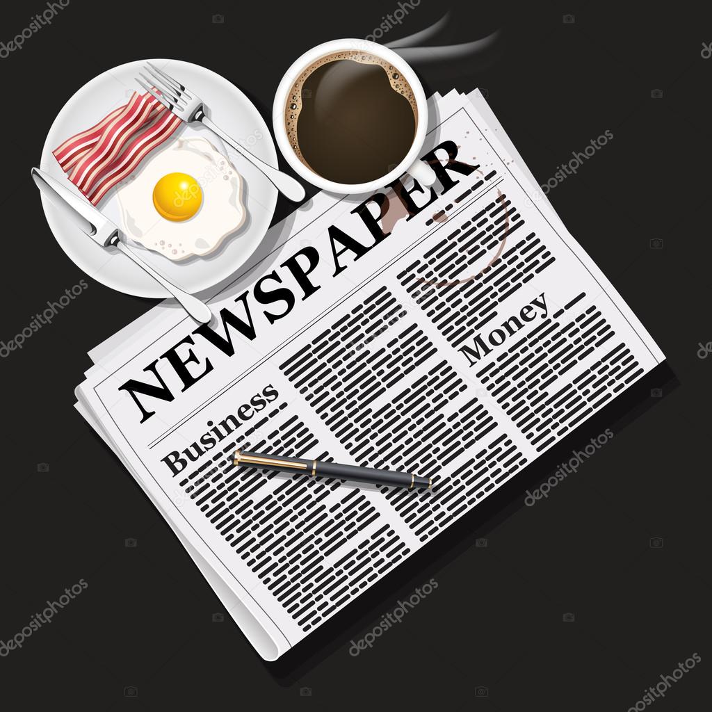 illustration of newspaper with black coffee and breakfast
