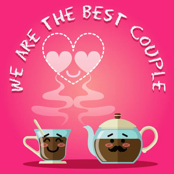 Loving couple of coffee cup and kettle or teapot — Stock Vector