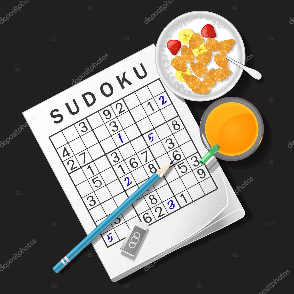 illustration of sudoku game with cereal bowl and orange juice