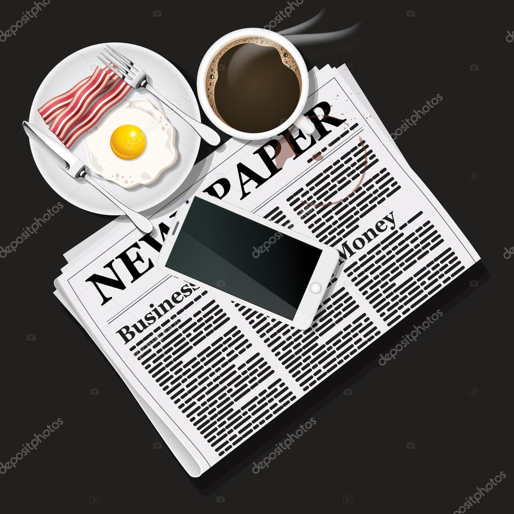 illustration of newspaper and mobile phone with black coffee and