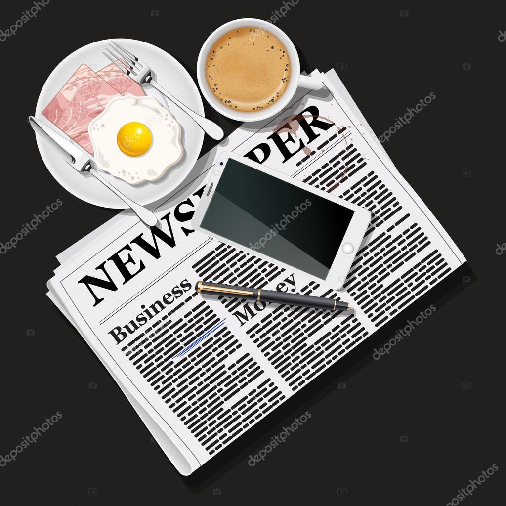 newspaper and mobile phone with coffee and breakfast