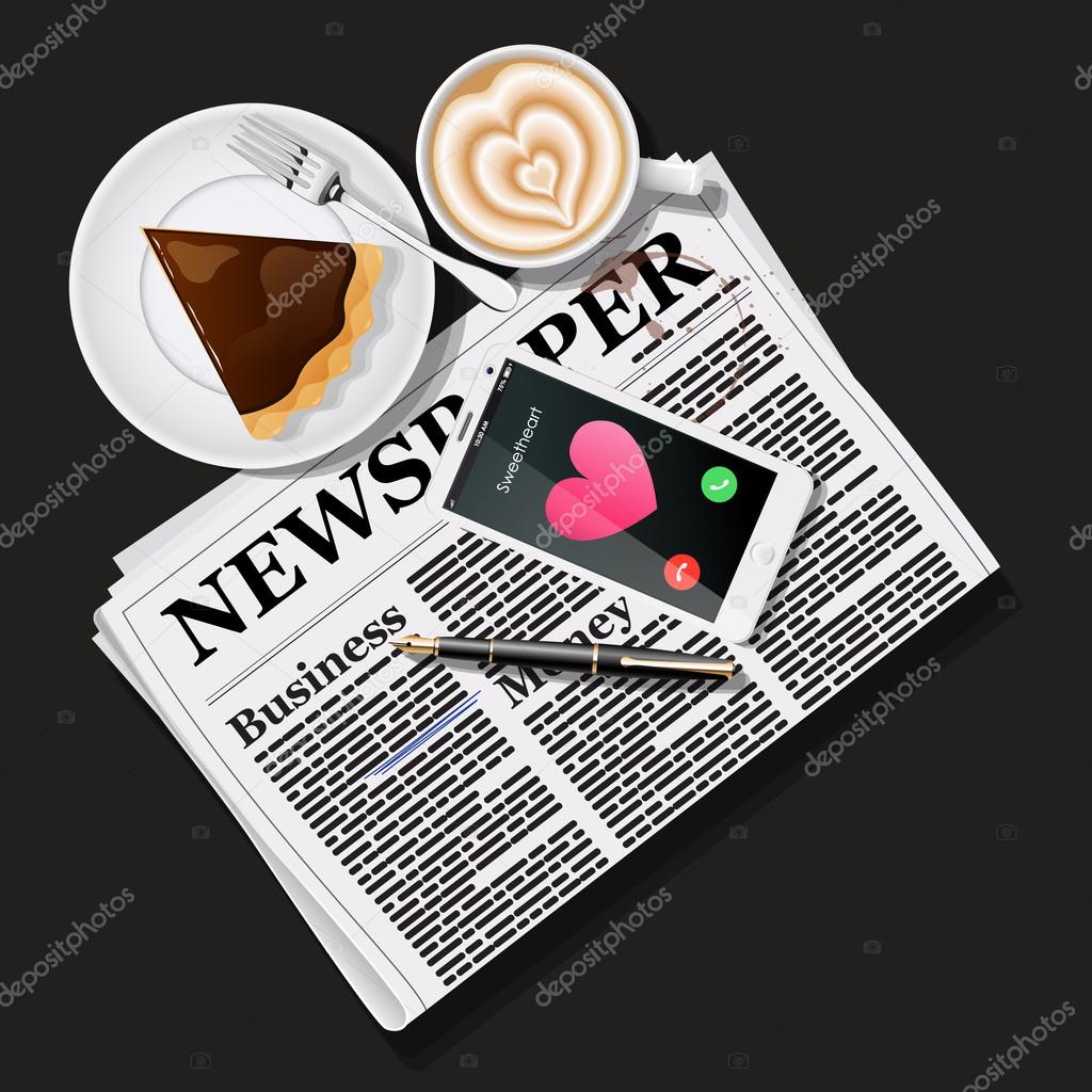 newspaper and mobile phone with latte art and pie