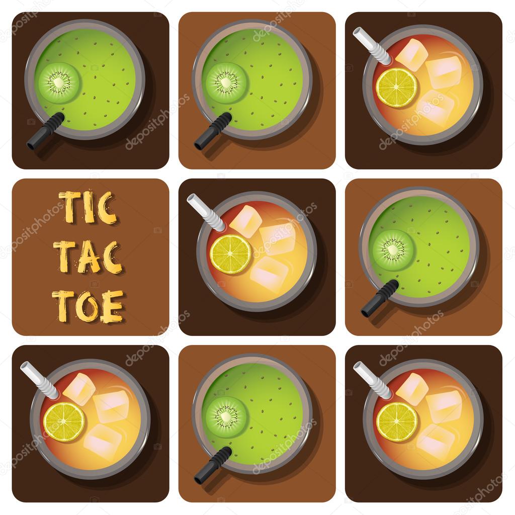 Tic-Tac-Toe of iced tea and kiwi juice