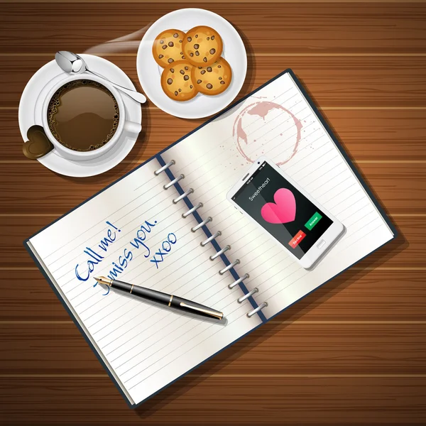 Brochure en mobiele telefoon met chocolade cup en cookies — Stockvector