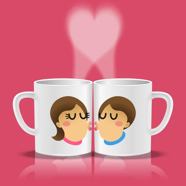 White cups with loving couple kissing — Stock Vector