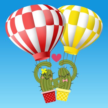 kaktüs kol kola sıcak hava balonu ile sevgi dolu birkaç