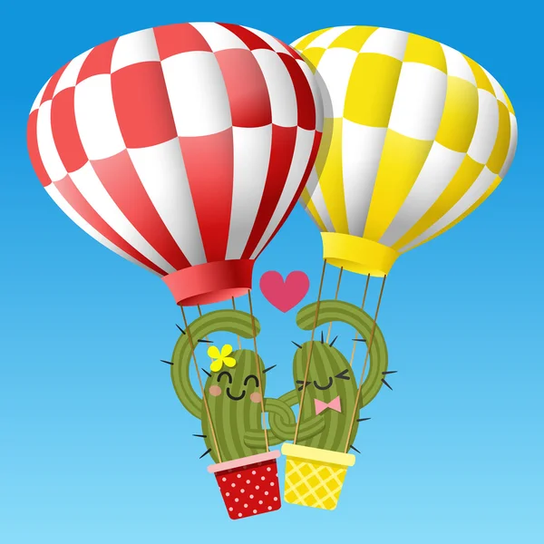 Casal amoroso de cacto braço no braço com balão de ar quente — Vetor de Stock