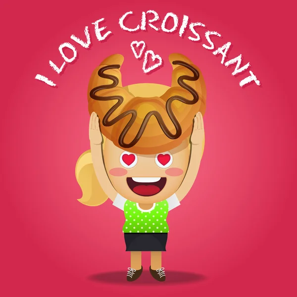 Mujer feliz llevando gran croissant — Vector de stock