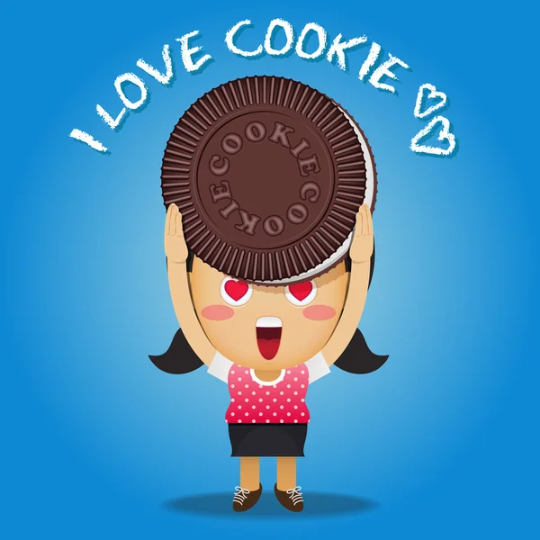 Happy woman carrying big chocolate cookie — Stock Vector