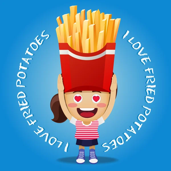 Femme heureuse portant de grosses pommes de terre frites — Image vectorielle