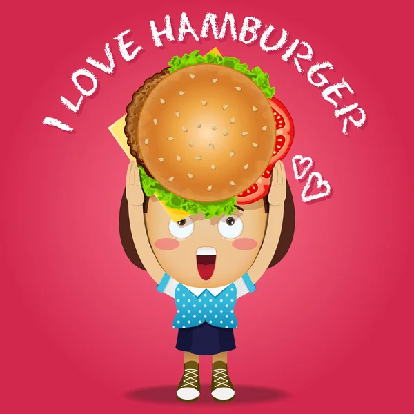 Mulher feliz carregando hambúrguer grande — Vetor de Stock