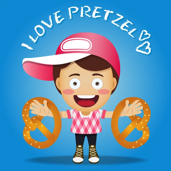Uomo felice portando grande pretzel — Vettoriale Stock