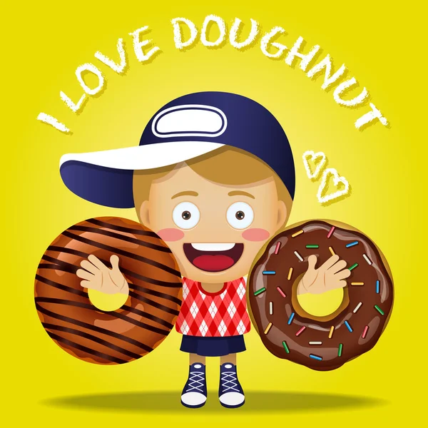 Mulher feliz carregando grande donut ou donuts —  Vetores de Stock