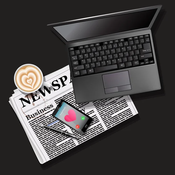Zeitung und Handy mit Latte Art und Laptop — Stockvektor