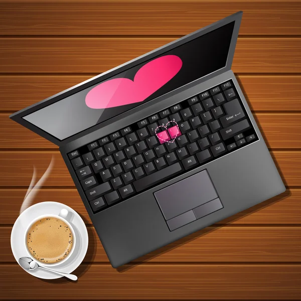 Heart shape on laptop screen with coffee cup — Stock Vector