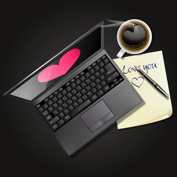 Laptop and note paper with black coffee — Stock Vector