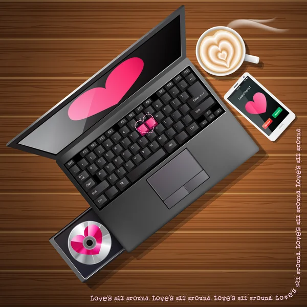 Heart shape on laptop screen and mobile phone with latte — Stock Vector