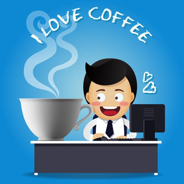 Homem trabalhando no computador e grande xícara de café —  Vetores de Stock