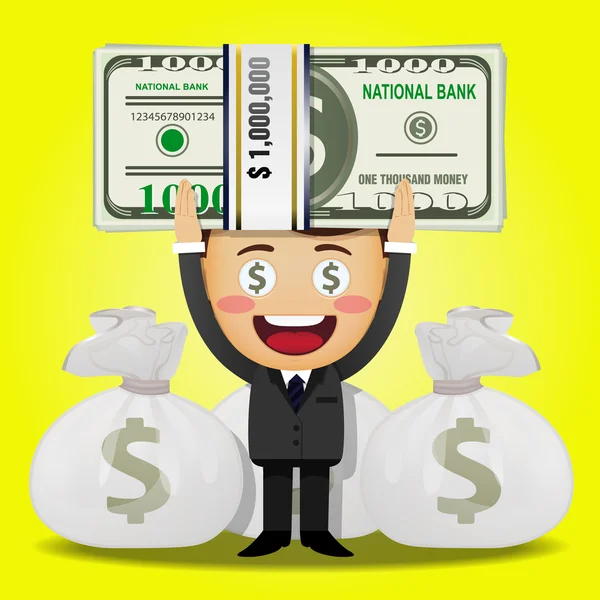 Happy man and big stack of money — Stock Vector