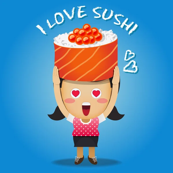 Femme heureuse portant grand rouleau de sushi — Image vectorielle