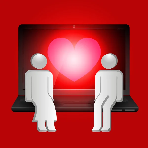 Loving couple of human shape sitting on laptop — Stock Vector