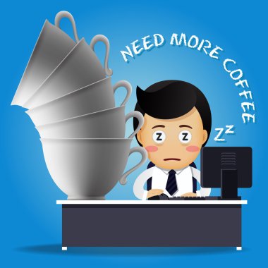 uykulu adam üstünde bilgisayar ve birçok büyük kahve fincanı çalışma
