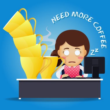 bilgisayar ve birçok büyük kahve fincanı üzerinde çalışan uykulu kadın