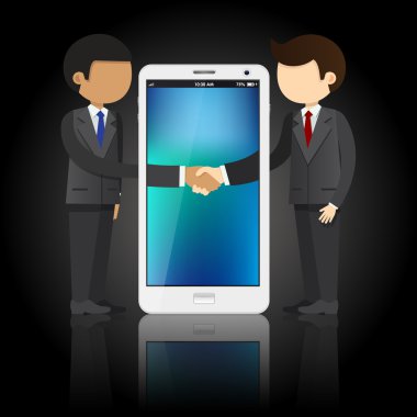 İki işadamları sallayarak elleri ve akıllı telefon