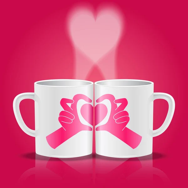 Tasses blanches avec des mains en forme de coeur — Image vectorielle