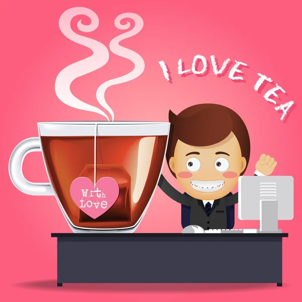 Hombre trabajando en la computadora y la taza de té grande — Vector de stock