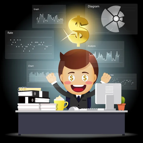 Hombre de negocios feliz trabajando en la computadora con procesamiento de datos — Vector de stock