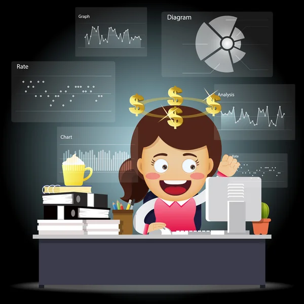 Veri işleme sahip bilgisayarda çalışan mutlu iş kadın — Stok Vektör