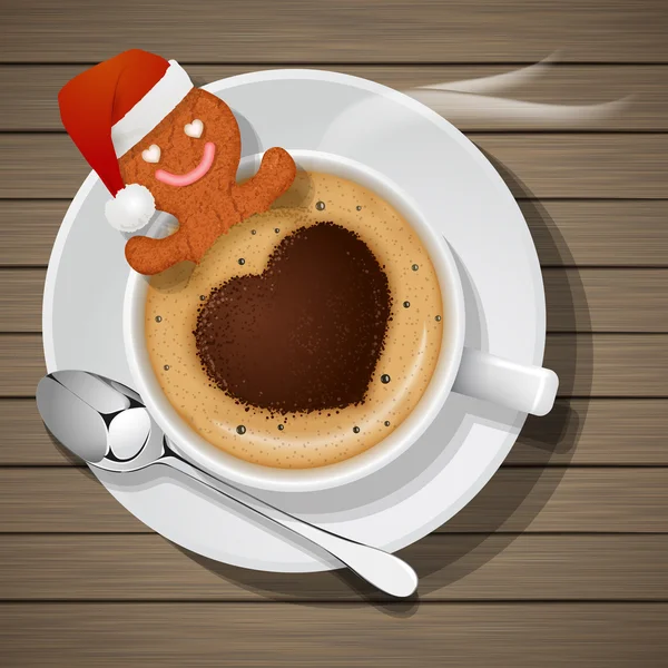 Gingerbread with santa claus hat in cup of hot coffee — Stock Vector