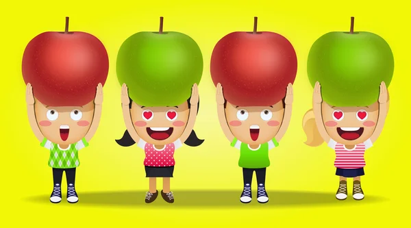 Gente feliz llevando manzanas grandes — Vector de stock