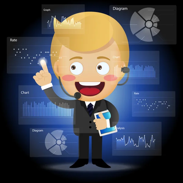Happy businessman working with data processing — 图库矢量图片