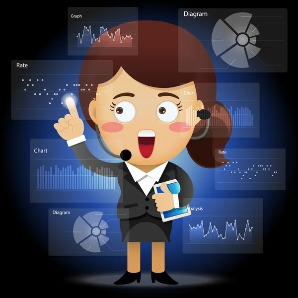 Happy business woman working with data processing — Διανυσματικό Αρχείο