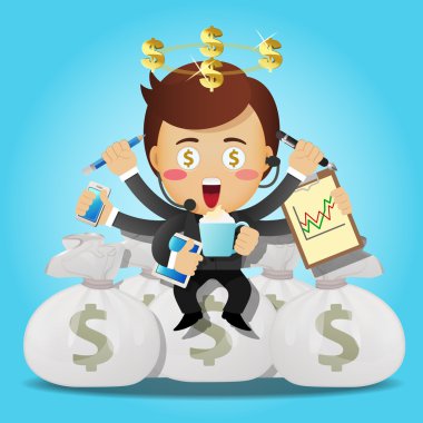 businessman with many arms and big money bags clipart