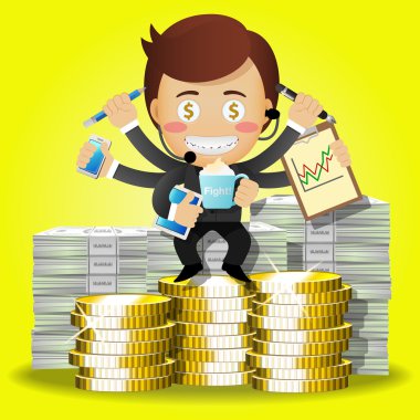 çok sayıda silah ve sikke ve banknot yığını ile işadamı