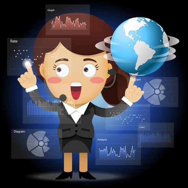Femme d'affaires avec globe travaillant avec le traitement des données — Image vectorielle