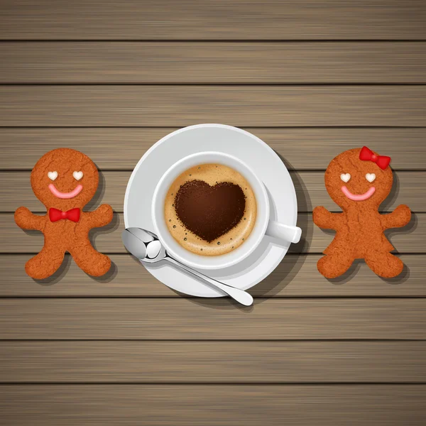 Pareja amorosa de galletas de jengibre y taza de capuchino con hea — Vector de stock