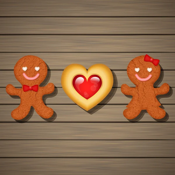 Loving couple of gingerbread cookies and strawberry heart cookie — Stock Vector