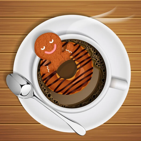 Имбирный хлеб с пончиком в чашке горячего шоколада — стоковый вектор