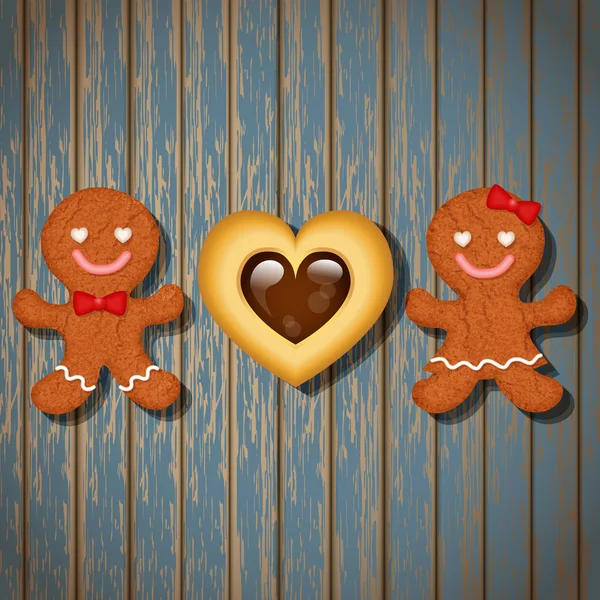 Loving couple of gingerbread cookies and chocolate heart cookie — Stock Vector