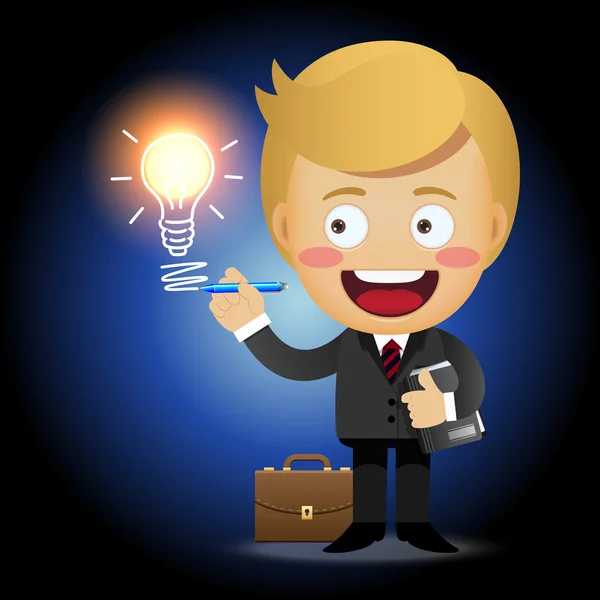 Businessman with pen drawing light bulb — Stock Vector