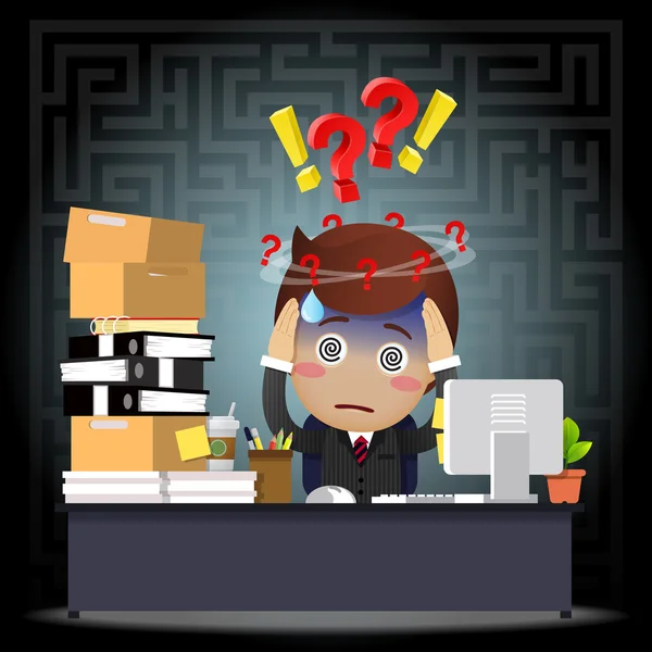 Confused businessman working on computer at desk — Stock Vector