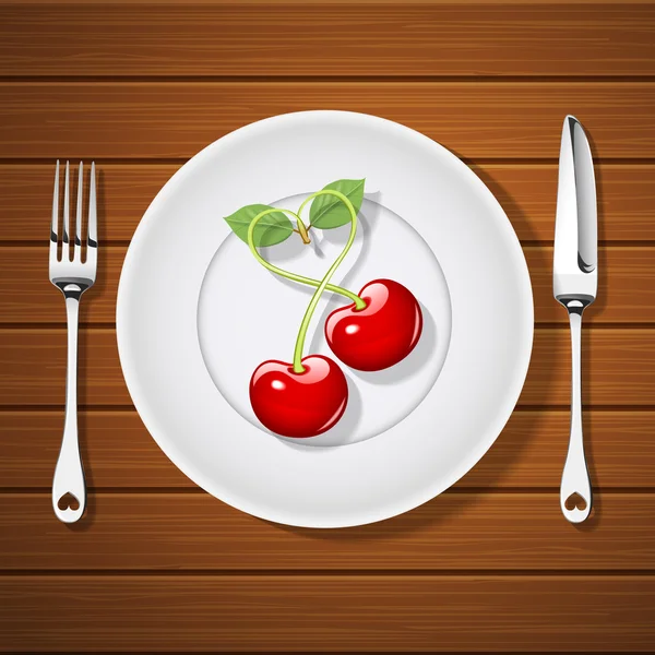 Tenedor con cuchillo y cerezas en forma de corazón en placa — Vector de stock