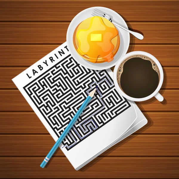Ilustração de labirinto jogo com xícara de café e panqueca — Vetor de Stock