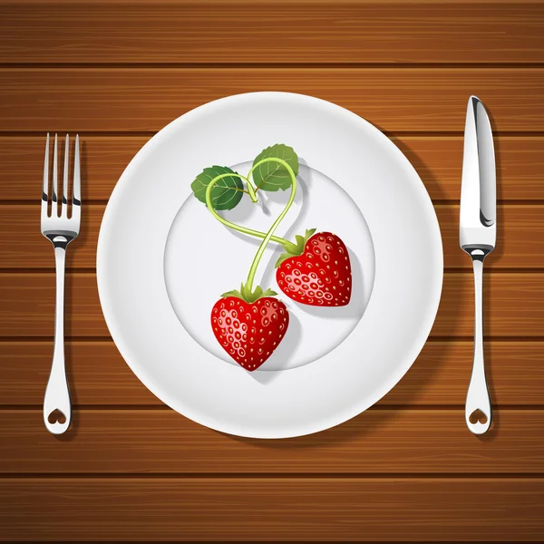 Fourchette avec couteau et fraises en forme de coeur sur assiette — Image vectorielle