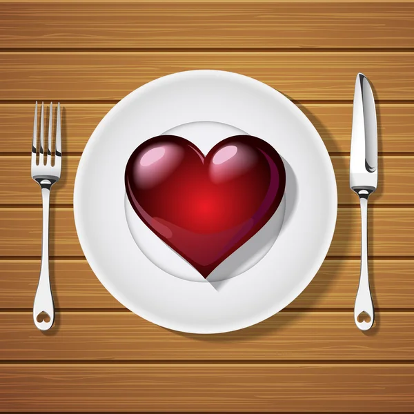 Fork with knife and red heart shape on plate — Stock Vector